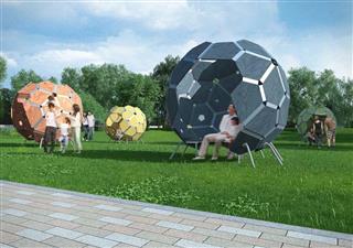 静岡県のヒノキ材を使ったベンチ「VIELECK」。正五角60面体のユニークなデザインが特徴だ 静岡県のヒノキ材を使ったベンチ「VIELECK」。正五角60面体のユニークなデザインが特徴だ