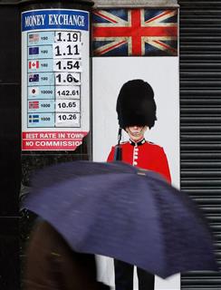為替レート表。ポンド安が進み、約3カ月ぶりに1ポンドが1・20ドルを割り込んだ=16日、ロンドン(AP) 為替レート表。ポンド安が進み、約3カ月ぶりに1ポンドが1・20ドルを割り込んだ=16日、ロンドン(AP)