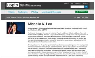 米特許商標庁のホームページには前任のミッシェル・リー長官が掲載がされている。連邦情報公開法で10日、暫定継続が公表されたからだ 米特許商標庁のホームページには前任のミッシェル・リー長官が掲載がされている。連邦情報公開法で10日、暫定継続が公表されたからだ