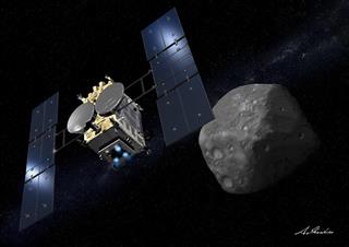小惑星リュウグウに接近する探査機「はやぶさ２」の想像図（池下章裕氏提供）