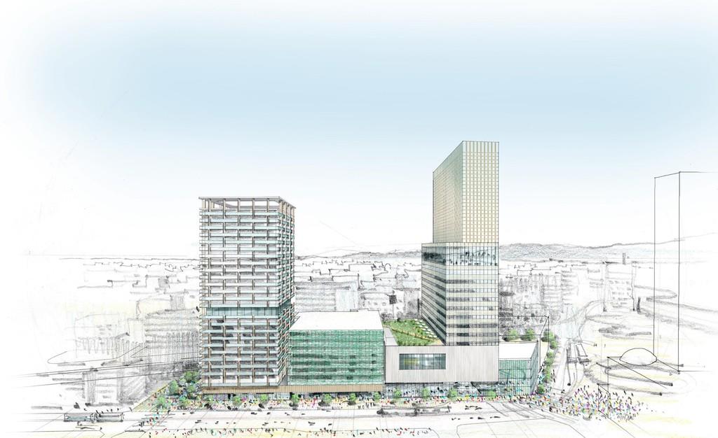 福井駅前の再開発ビル予想図。右側のビルに「コートヤード・バイ・マリオット福井」が入ることが決まった（提供）