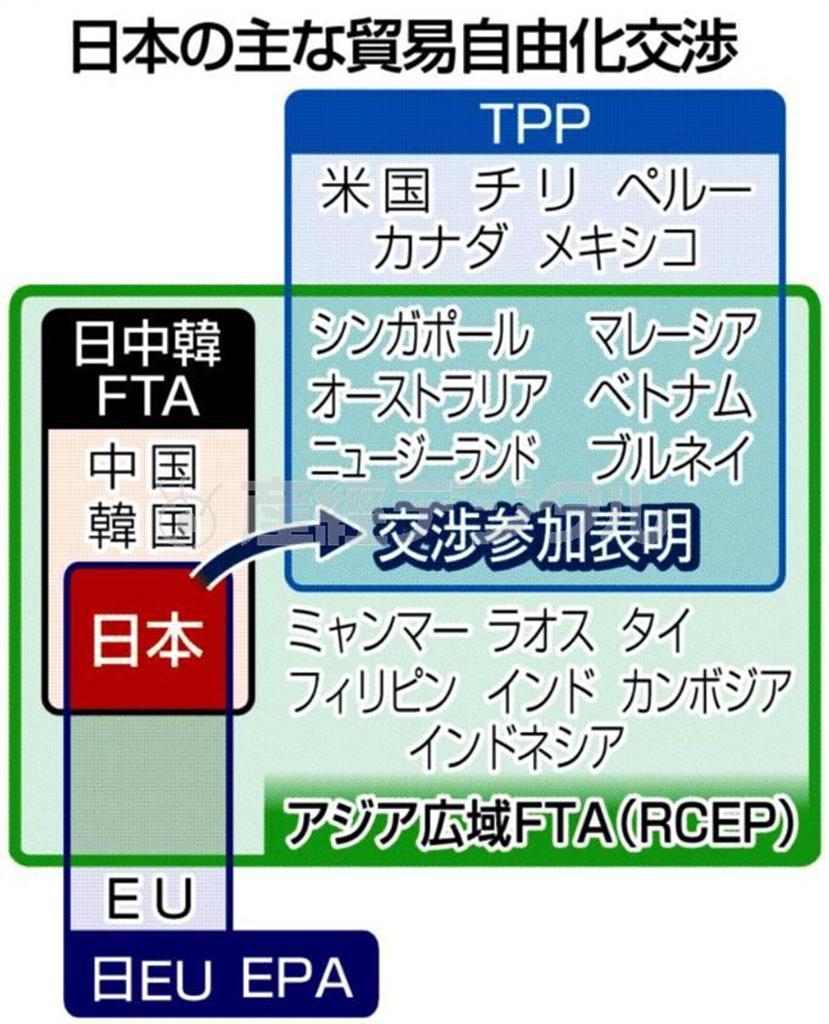 日本の主な貿易自由化交渉＝２０１３年３月２６日現在。※ＴＰＰとは環太平洋戦略的経済連携協定、※ＦＴＡとは自由貿易協定、※ＲＣＥＰ（アールセップ）とは域内包括的経済連携、※アジア広域ＦＴＡとは東南アジア諸国連合（ＡＳＥＡＮ）１０カ国が日中韓、インド、オーストラリア、ニュージーランドの周辺６カ国に参加を呼び掛けている自由貿易協定（ＦＴＡ）、※ＥＵとは欧州連合、※ＥＰＡとは経済連携協定
