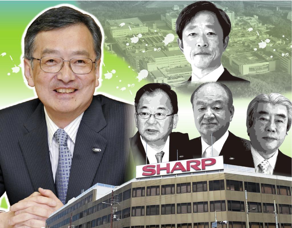 経営再建に力を注ぐ高橋興三社長（左）と歴代首脳たち。右上は天理工場に拠点を移した片山幹雄氏。下の３人は右から辻晴雄、町田勝彦、奥田隆司の各氏