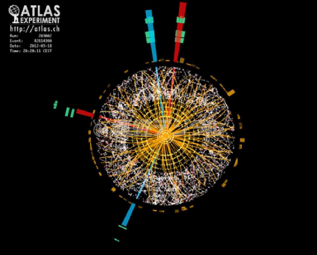 写真は、ヒッグス粒子が崩壊してできたとみられる粒子を捉えた画像。中心部から放射状に出た線が粒子崩壊の瞬間を示すとされる（欧州合同原子核研究所（ＣＥＲＮ）提供）
