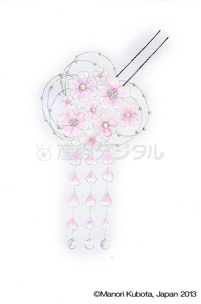 銀賞を受賞した窪田麻紀さんの花かんざしとデザイン画＝２０１３（平成２５）年９月４日（提供写真）。（Ｃ）Ｍａｎｏｒｉ＿Ｋｕｂｏｔａ，Ｊａｐａｎ＿２０１３