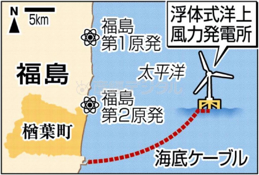 福島県楢葉（ならは）町の沖合２０ｋｍ、浮体式洋上風力発電所＝２０１３年１１月１１日、※実用化に向けた実証試験開始