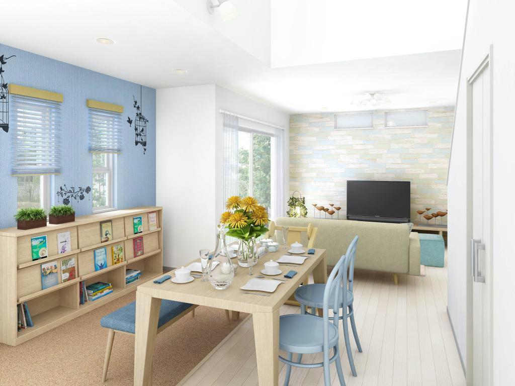 コルクフロアを備えたリビング・ダイニングルーム