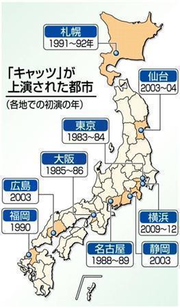劇団四季のミュージカル「キャッツ」が上演された都市（各地での初演の年）