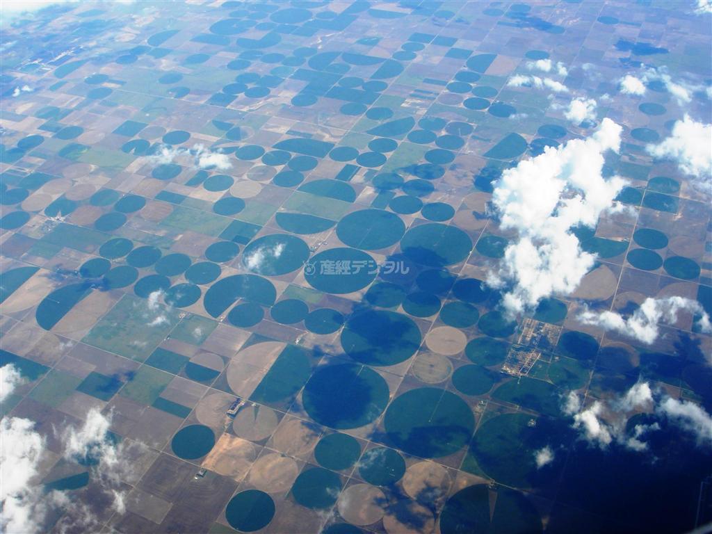 米ネブラスカ州の散水スプリンクラーによる農地。イリノイ州シカゴからコロラド州デンバーに向かう途中、グレートプレーンズと呼ばれる大平原を横切る。そのあちこちに見える円形の緑地が、「センターピボット」と呼ばれる農場だ。散水用の長い管が円の中心の周囲をゆっくり回転している。空から見ると小さいが実際は半径１キロという巨大な円形もある＝２００９年７月２８日（唐木英明さん撮影）