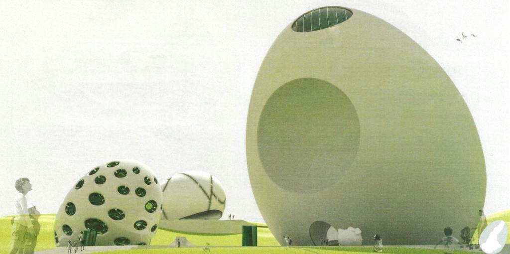 「淡路マンガ・アニメアイランド」のイメージ図。卵形のシアターなどを建設する（パソナグループ提供）