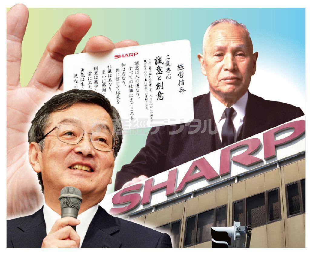 シャープの企業風土改革に本気の高橋興三社長（左下）。創業者の早川徳次氏（右上）の時代の原点回帰を目指している。