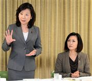 自民党女性局のリベンジポルノ勉強会であいさつする野田聖子総務会長（左）。右は三原じゅん子女性局長＝平成２５年１２月１２日午後、東京・永田町の自民党本部（酒巻俊介撮影）