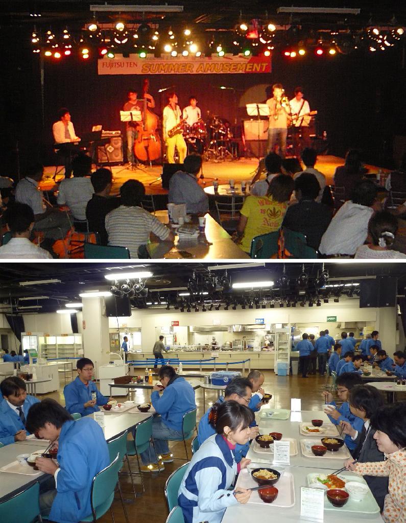 富士通テンのライブハウス（上）は本格的な照明設備などを備え、社員食堂（下）が４０分ほどで大変身する