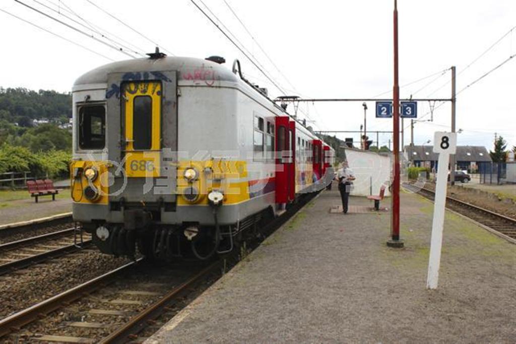 ボマル駅に到着した２両編成のベルギー国鉄車両