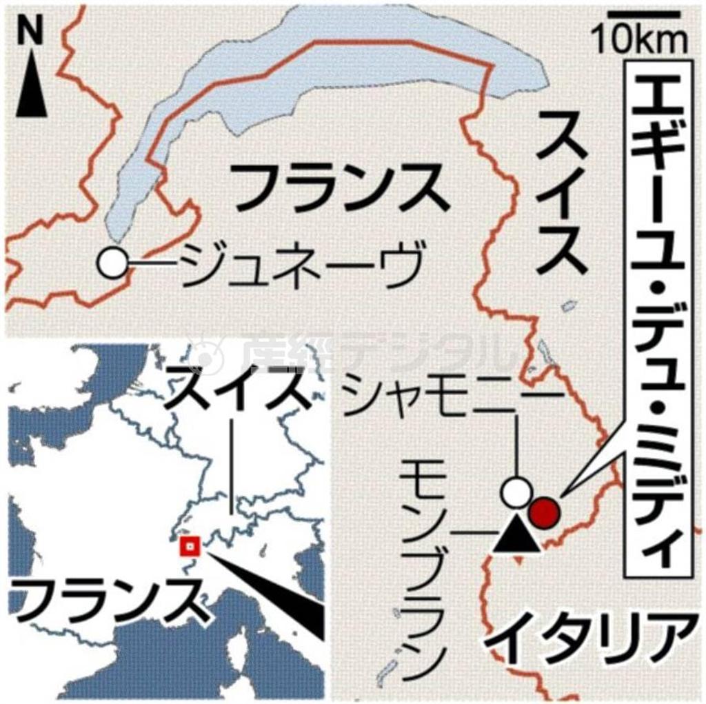 フランス南東部のモンブラン（標高４８０８メートル）山系にあるシャモニーの最高峰、「エギーユ・デュ・ミディ」（３８４２メートル）
