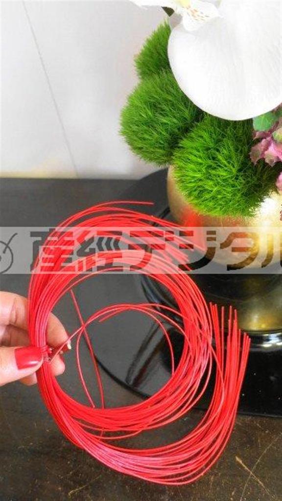 （手順４）赤い水引きを輪っか状にして、最後に胡蝶蘭のななめ下あたりにアクセントとして加えます（提供写真）