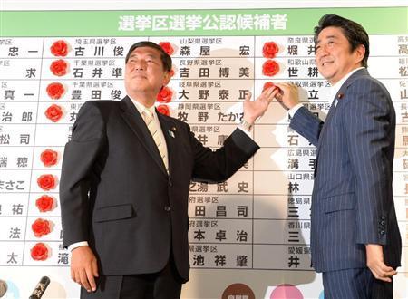 第２３回参院選で、自民党は改選定数１のの１人区で２９勝２敗と圧勝して単独で改選定数（１２１）の過半数を超えた。写真は、自民党本部の参院選開票センターで満面の笑みで当選者の名前にバラの花をつける安倍晋三（しんぞう）首相（右）と石破（いしば）茂幹事長＝２０１３年７月２１日、東京都千代田区の自民党本部（大西史朗撮影）