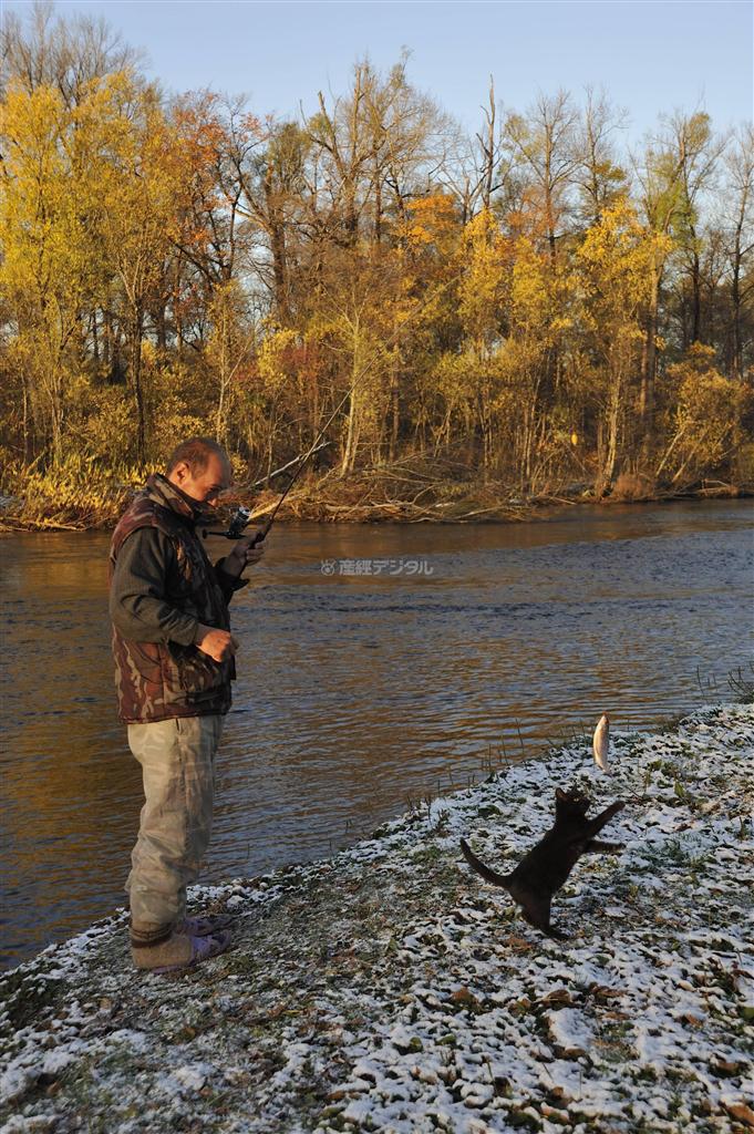 初雪の朝、狩小屋の前でハリウスを釣る猟師アンドリューシャ。猫も釣果を待っている＝２０１３年１０月４日、ロシア・クラスヌィ・ヤール村（伊藤健次さん撮影）