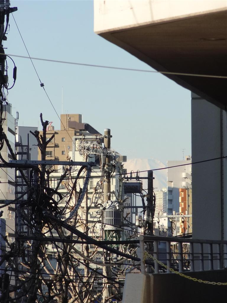 ≪大塚の「富士見坂」≫＿＿ビルの谷間に美しい富士山の頂上が見える。人通りが多いため、写真を撮っていると「なになに！？」と他の人も寄ってきて楽しい＝２０１３年１２月２８日、東京都文京区大塚（今泉有美子撮影）