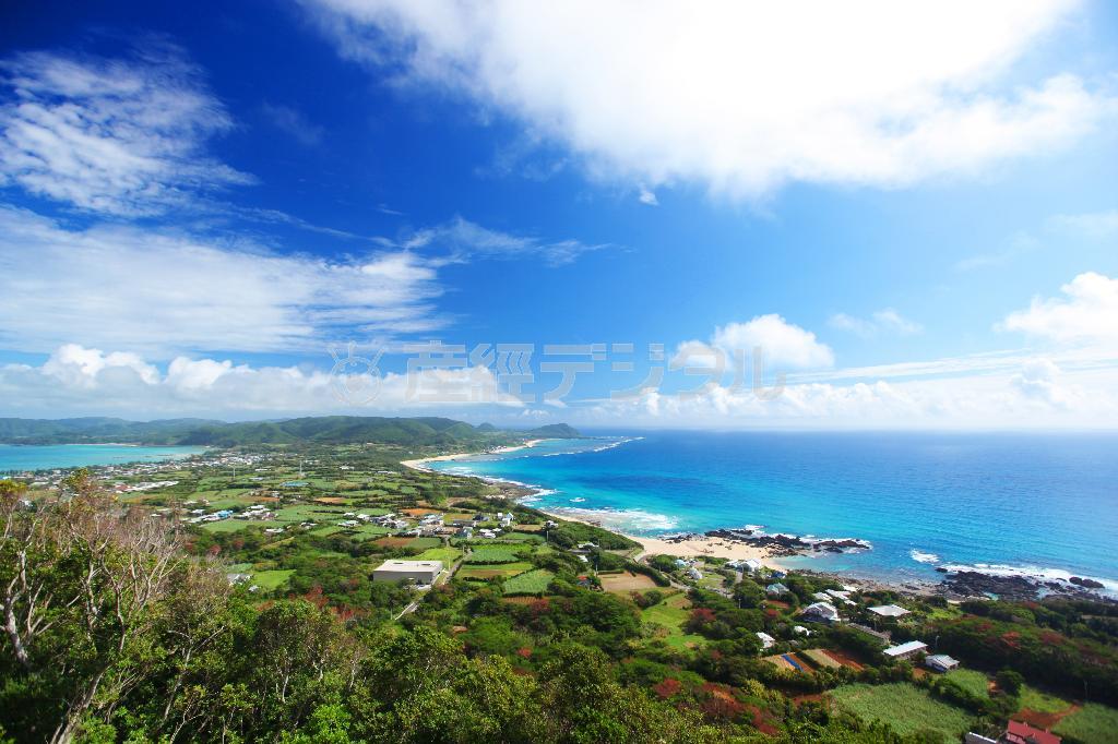 奄美大島の人々が「２つの海が見える場所」と呼ぶ高台から望む東シナ海（左）と太平洋（右）。２つの海は徒歩で１０分もかからない距離にある＝鹿児島県大島郡龍郷町（別府亮さん撮影）