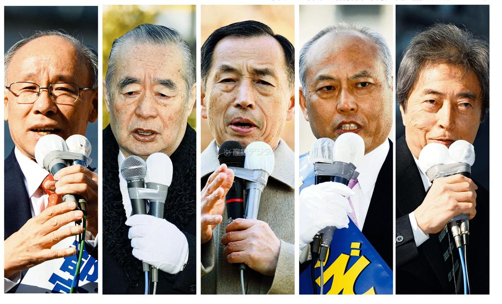 都内各所で支持を訴える都知事選に立候補した（左から）宇都宮健児、ドクター・中松、田母神（たもがみ）俊雄、舛添（ますぞえ）要一、細川護煕（もりひろ）の５氏＝２０１４年１月２３日