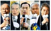 都内各所で支持を訴える都知事選に立候補した（左から）宇都宮健児、ドクター・中松、田母神（たもがみ）俊雄、舛添（ますぞえ）要一、細川護煕（もりひろ）の５氏＝２０１４年１月２３日