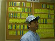 フジキンの工場内に張り出された資格取得者の一覧表と帽子に付けたバッジ。資格取得者に手当てを支給し、奨励する（同社提供）