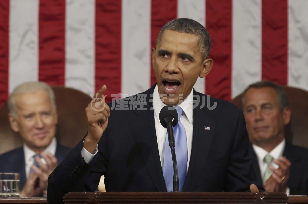 １月２８日、米首都ワシントンの連邦議会で一般教書演説をするバラク・オバマ大統領＝２０１４年（ＡＰ）