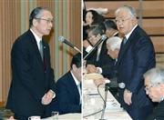 会談冒頭、あいさつする連合の神津里季生事務局長（左）と米倉弘昌経団連会長＝５日午前、東京・大手町の経団連会館（栗橋隆悦撮影）