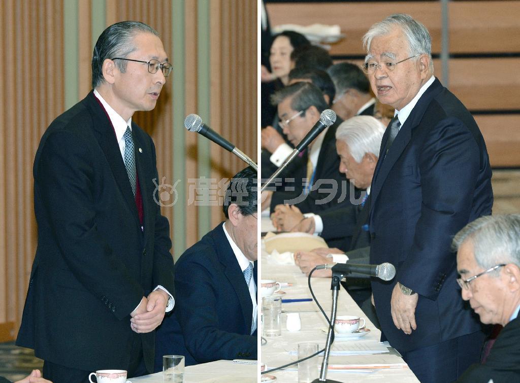 談した連合の神津里季生（こうづ・りきお）事務局長（左）と経団連の米倉弘昌会長＝２０１４年２月５日、東京都千代田区大手町（栗橋隆悦撮影）