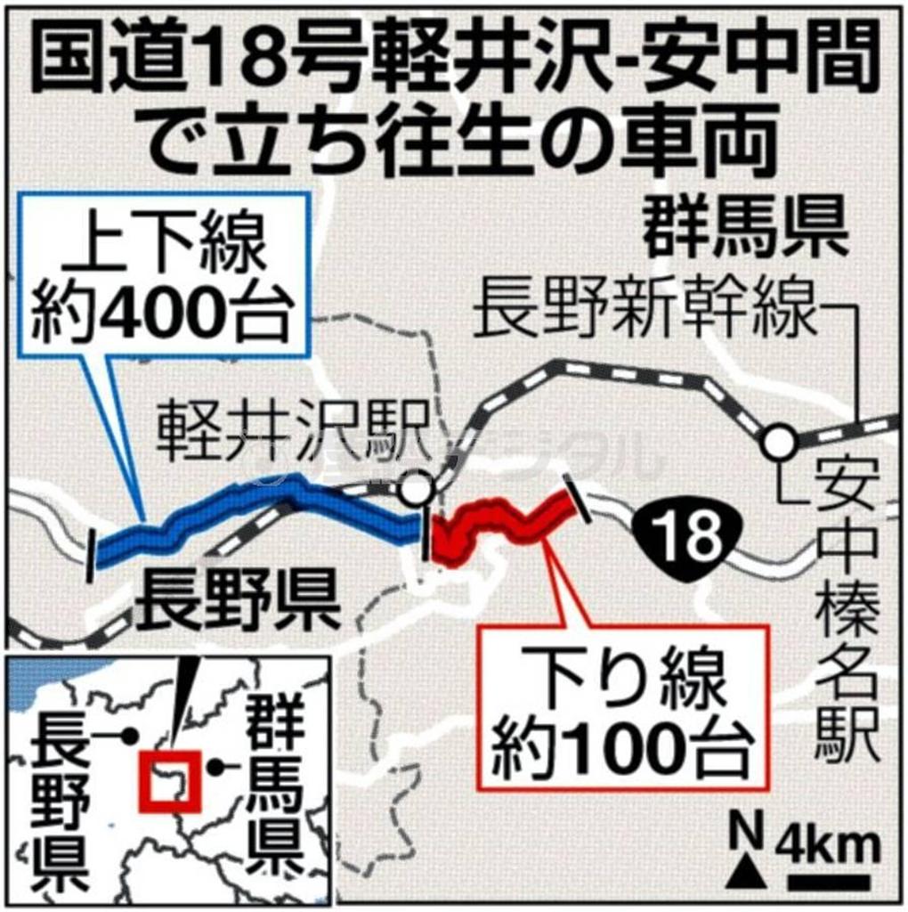 国道１８号軽井沢－安中間で立ち往生の車両＝２０１４年２月１７日現在