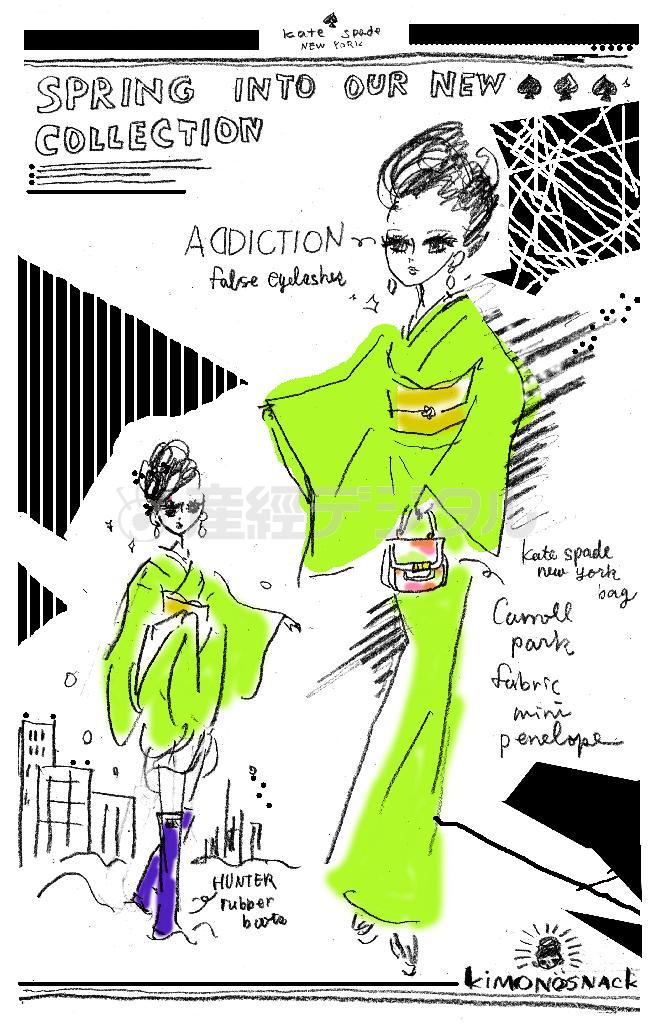 着物なのに大雪！＿そこに救世主（イラスト：平松昭子さん提供）。ｈｔｔｐ：／／ｋｉｍｏｎｏｓｎａｃｋ．ｂｌｏｇｓｐｏｔ．ｃｏｍ