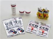 自社ブランド化粧品「ｇｇ」とスポーツ飲料「ＣＣＤドリンク」、ヨウ素不織布を使ったマスク「快適オフィスＡＭＹＣＥＬマスク」。新素材研究から多くの商品が生まれている