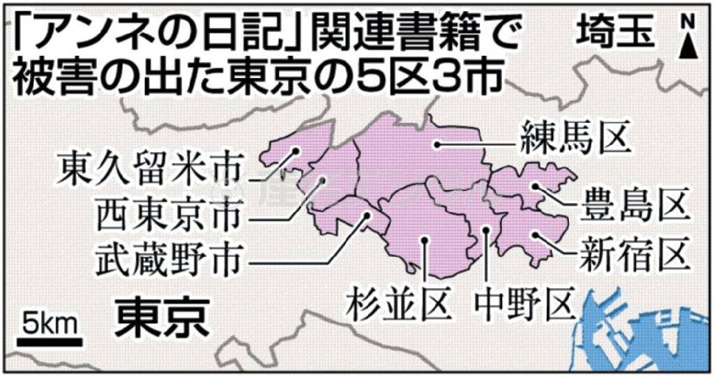 「アンネの日記」関連書籍で被害の出た東京の５区３市＝２０１４年２月２５日現在、東京都