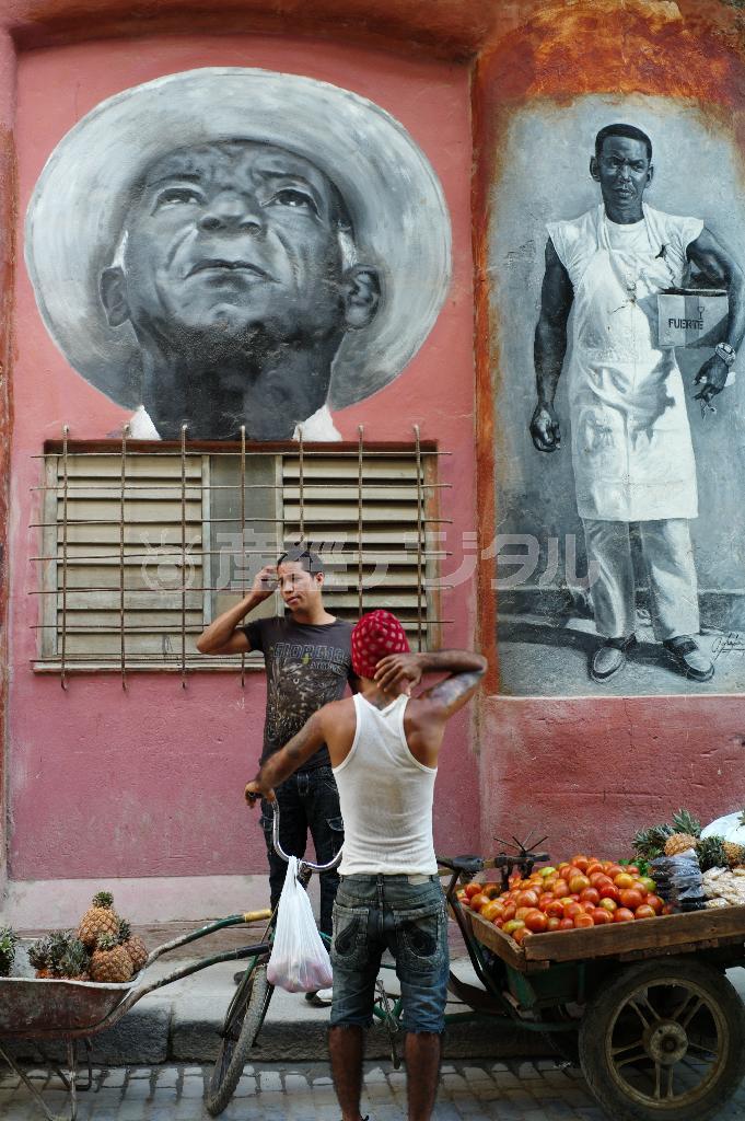 首都ハバナの街中で果物や野菜を販売する行商。バックには見事なストリートアートが描かれていた＝キューバ（緑川真実さん撮影）