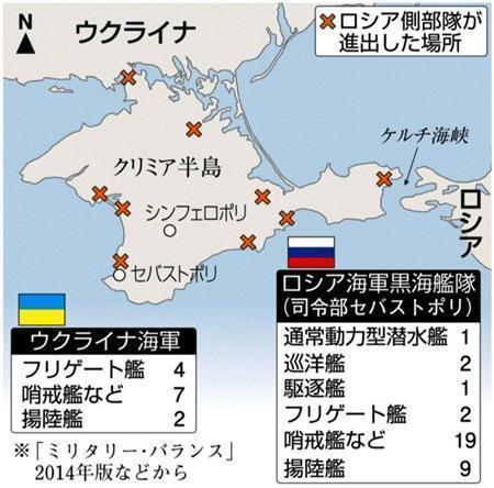 ウクライナ海軍、ロシア海軍黒海艦隊（司令部ウクライナ・クリミア自治共和国と特別市セバストポリ）。※「ミリタリー・バランス」２０１４年版などから。※２０１４年３月１８日、ロシアのウラジーミル・プーチン大統領は首都モスクワのクレムリン（大統領府）での演説で、ウクライナ南部クリミア自治共和国と特別市セバストポリのロシア連邦への併合を宣言した。