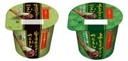 協同乳業「日本橋スイーツ」シリーズの新フレーバー２品「宇治抹茶プリンとつぶあん」（左）と「よもぎプリンとつぶあん」