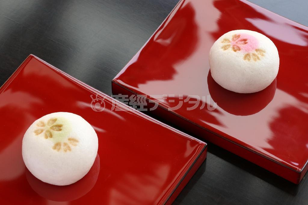 「都をどり」の茶席で出される薯蕷（じょうよ）まんじゅう「春の日和」。奧のピンク色は４月前半、手前の緑は葉桜をイメージして４月後半のもの