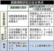 調査捕鯨訴訟の主な争点＝２０１４年３月３１日、オランダ・ハーグの国際司法裁判所、※裁判官１６人（反捕鯨国の出身者１０人（オーストラリア含む）、捕鯨支持国の出身４人（日本は小和田恒（ひさし）氏含む）、残り２人の出身国はＩＷＣ（国際捕鯨委員会）に加盟していない）