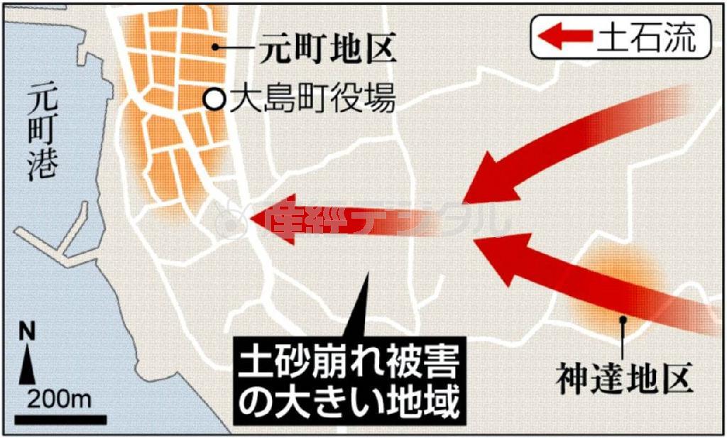 土砂崩れ被害の大きい地域＝２０１３年１０月１６日、東京都大島町（大島）