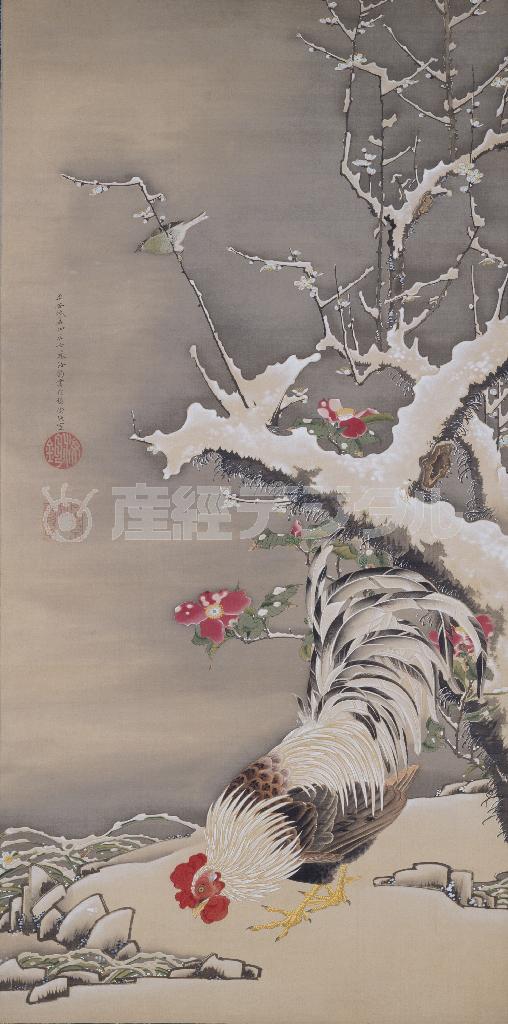 「雪梅雄鶏図」＿伊藤若冲＿江戸時代・１８世紀＿京都・建仁寺塔頭の両足院蔵（全期間展示、提供写真）