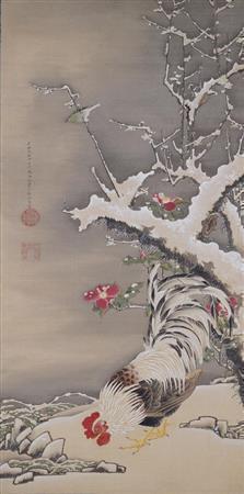 「雪梅雄鶏図」＿伊藤若冲＿江戸時代・１８世紀＿京都・建仁寺塔頭の両足院蔵（全期間展示、提供写真）