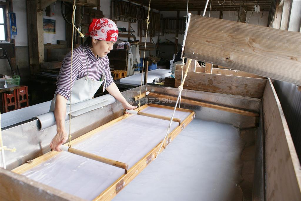 和紙をすく職人。山本屋は見学可能だ。要電話予約。（電）０８９８・６６・３８６３＝２０１４年４月１１日、愛媛県西条市（塩塚夢撮影）