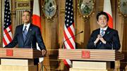 会談後、共同記者会見する安倍首相とオバマ米大統領＝２４日午後、東京・元赤坂の迎賓館（代表撮影）