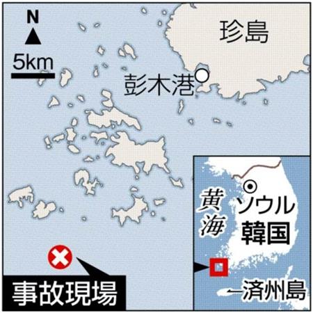 【韓国旅客船沈没】韓国旅客船「セウォル号」の航路＝２０１４年４月１６日午前９時ごろ、韓国の旅客船「セウォル」号（乗客乗員計４７５人に訂正、６８２５トン）が珍島（全羅南道）付近を航行中に遭難信号を発信した。