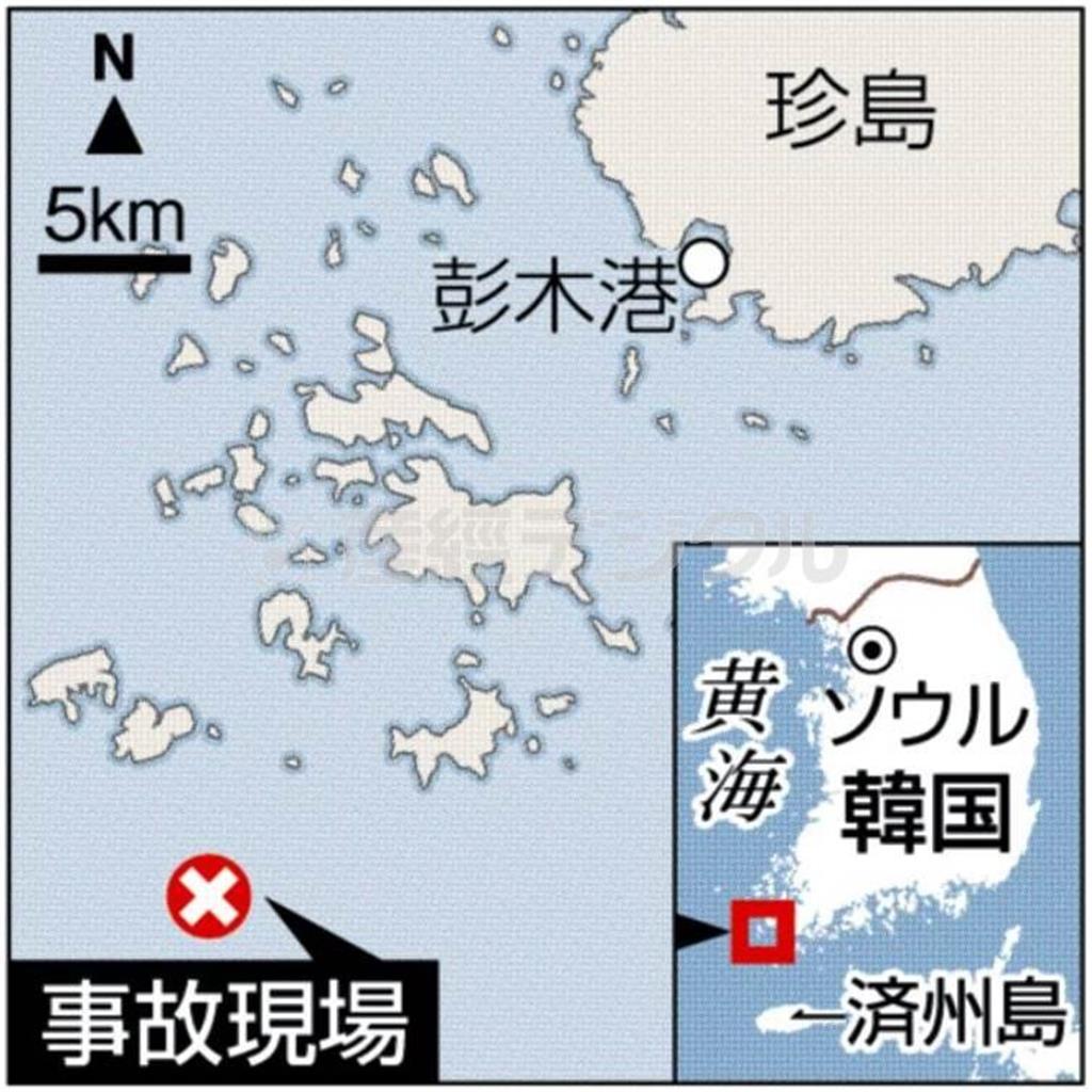【韓国旅客船沈没】韓国旅客船「セウォル号」の航路＝２０１４年４月１６日午前９時ごろ、韓国の旅客船「セウォル」号（乗客乗員計４７５人に訂正、６８２５トン）が珍島（全羅南道）付近を航行中に遭難信号を発信した。