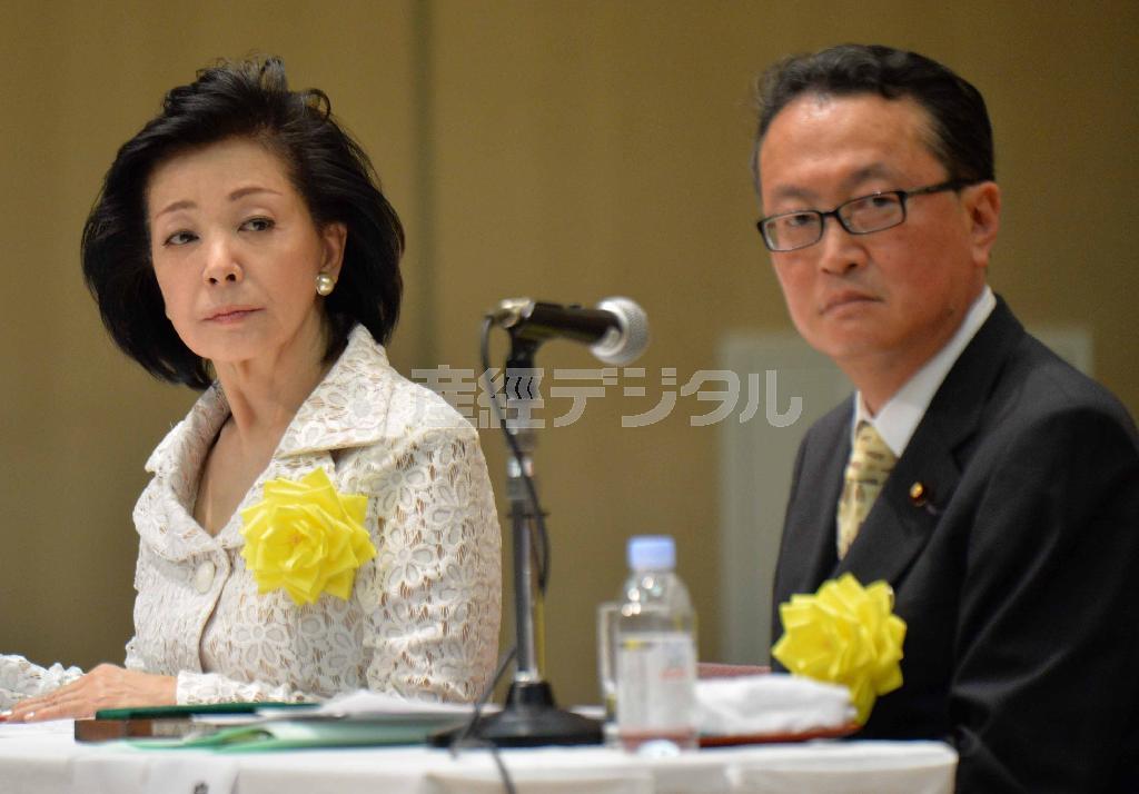 「民間憲法臨調」フォーラムに出席した櫻井よしこ代表（左）と、自民党の船田元（はじめ）氏＝２０１４年５月３日、東京都千代田区平河町（原田史郎撮影）