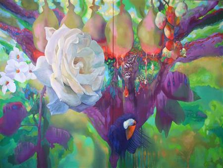 自由美術協会＿栗本浩二「陽光の前で」２０１４年＿油彩、綿布、パネル（提供写真）