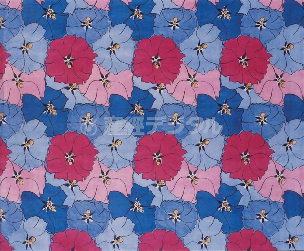 【デュフィ展】「たちあおい」１９１８年（シルクにプリント）＿ビアンキーニ＝フェリエ社のテキスタイル＿島根県立石見美術館。（Ｃ）ＡＤＡＧＰ，Ｐａｒｉｓ＆ＪＡＳＰＡＲ，Ｔｏｋｙｏ，２０１４＿Ｅ０９７２