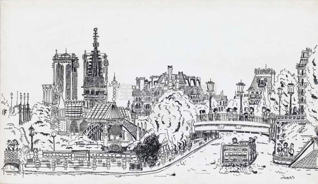 【「セーヌ川」１９９４年】絵を描くきっかけとなった作品。バラエティー番組「とんねるずの生でダラダラ生かせて！！」の企画でパリに行き、岡本太郎さんのキャラクターに分する憲太郎が現地の若いアーティストと対決、キャンパスにマジックで下描きなしで４、５時間で一気に仕上げた作品（提供写真）。（Ｃ）ＮＯＲＩＴＡＫＥ＿ＫＩＮＡＳＨＩ